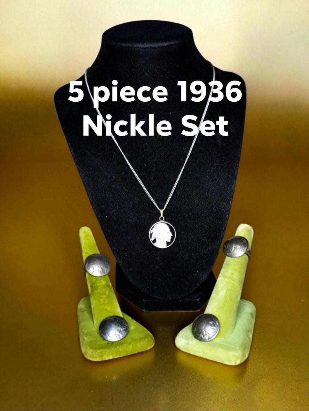 Vintage Cut-Out 1936 Buffalo Nickel Jewelry & Button Set